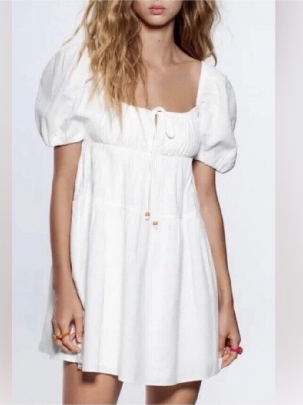 Zara Cream Puff Sleeve Tie-Front Mini Dress